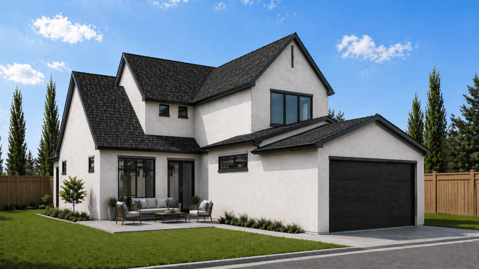 Rear exterior rendering of Lakeview 2, showing the garage, rear patio, and landscaped yard.