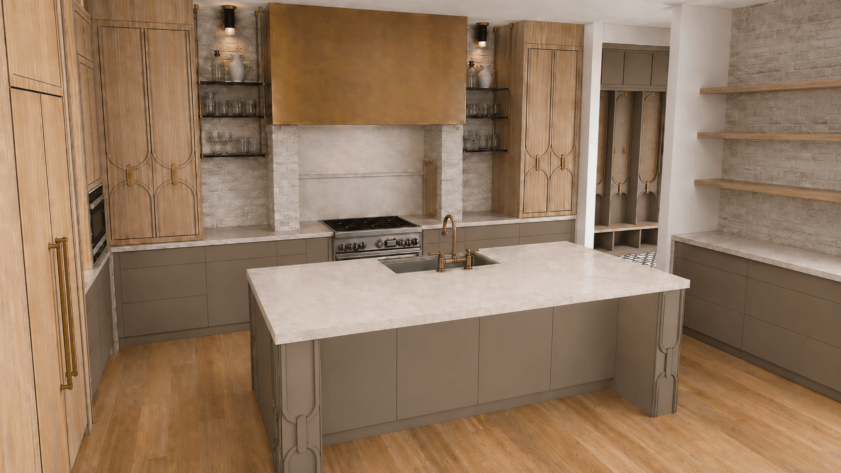 Kitchen rendering for Lakeview 2, showing natural white oak millwork, brass accents, and a refined pre-sale interior package.