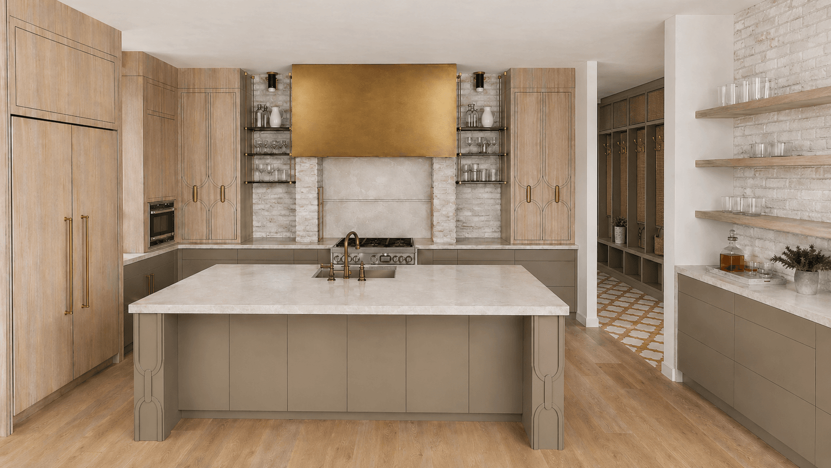 Alternate kitchen rendering for Lakeview 2, showing natural white oak millwork, brass accents, and a refined pre-sale interior package.