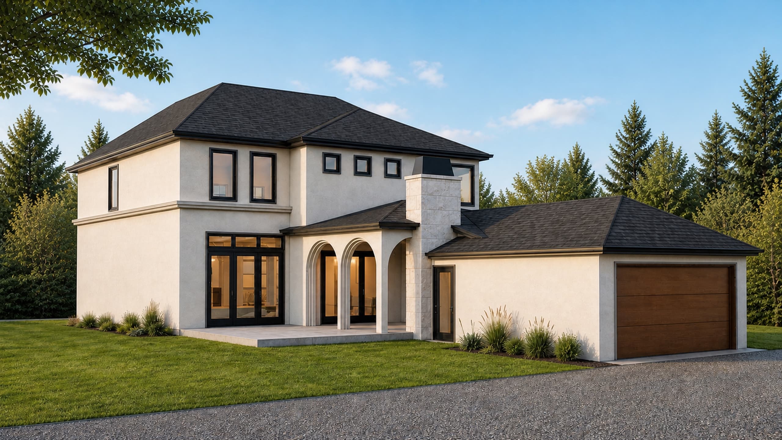 Wide rear exterior rendering of the North Glenmore — Langton Drive pre-sale and garage.
