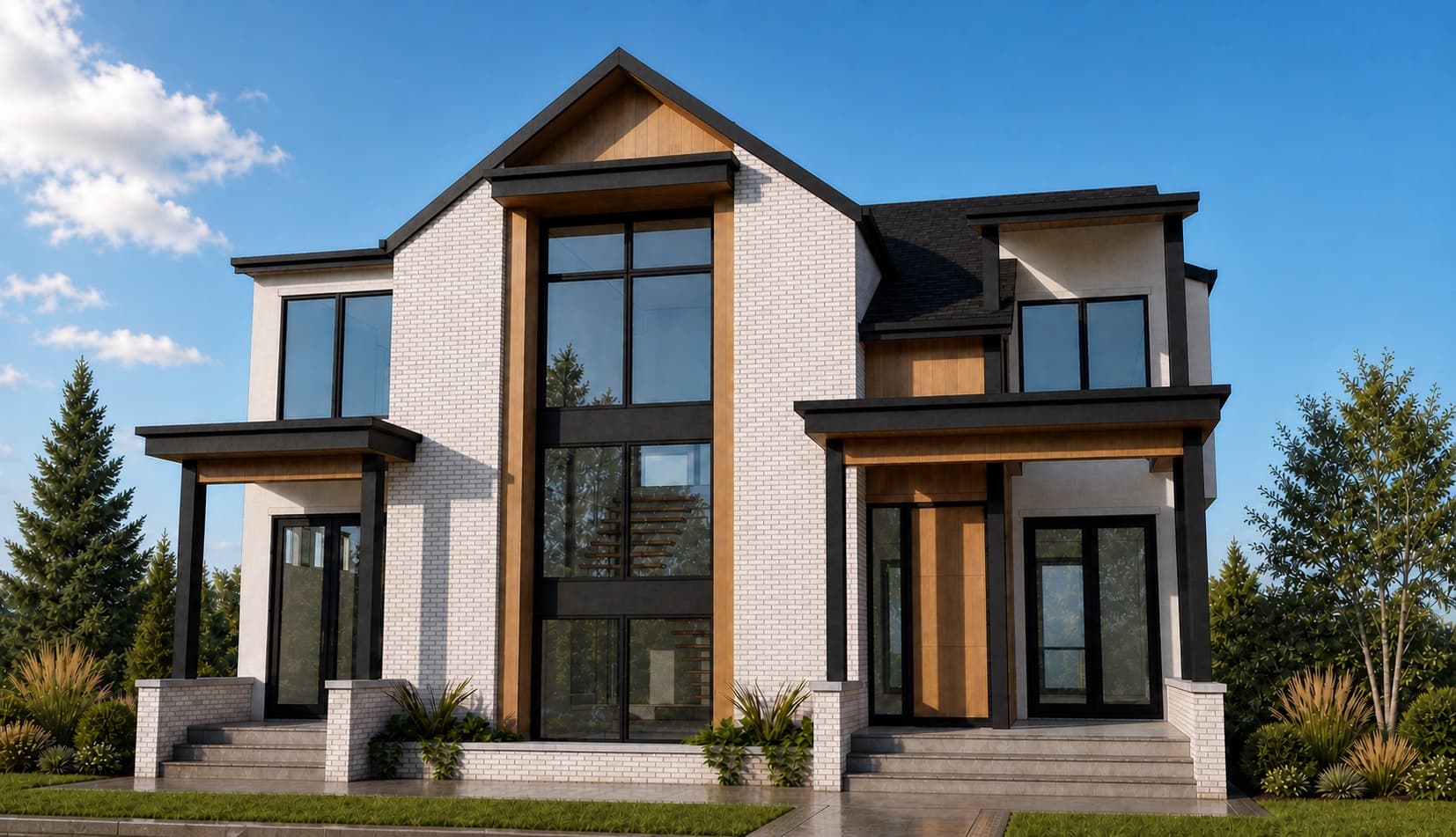 Offset front exterior rendering of the Lakeview — Lloyd Crescent pre-sale.