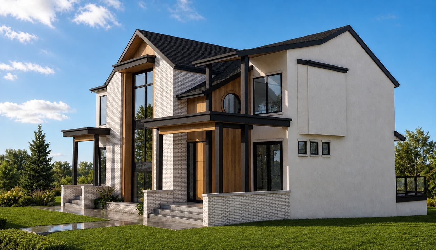 Closer front-right exterior rendering of the Lakeview — Lloyd Crescent pre-sale.