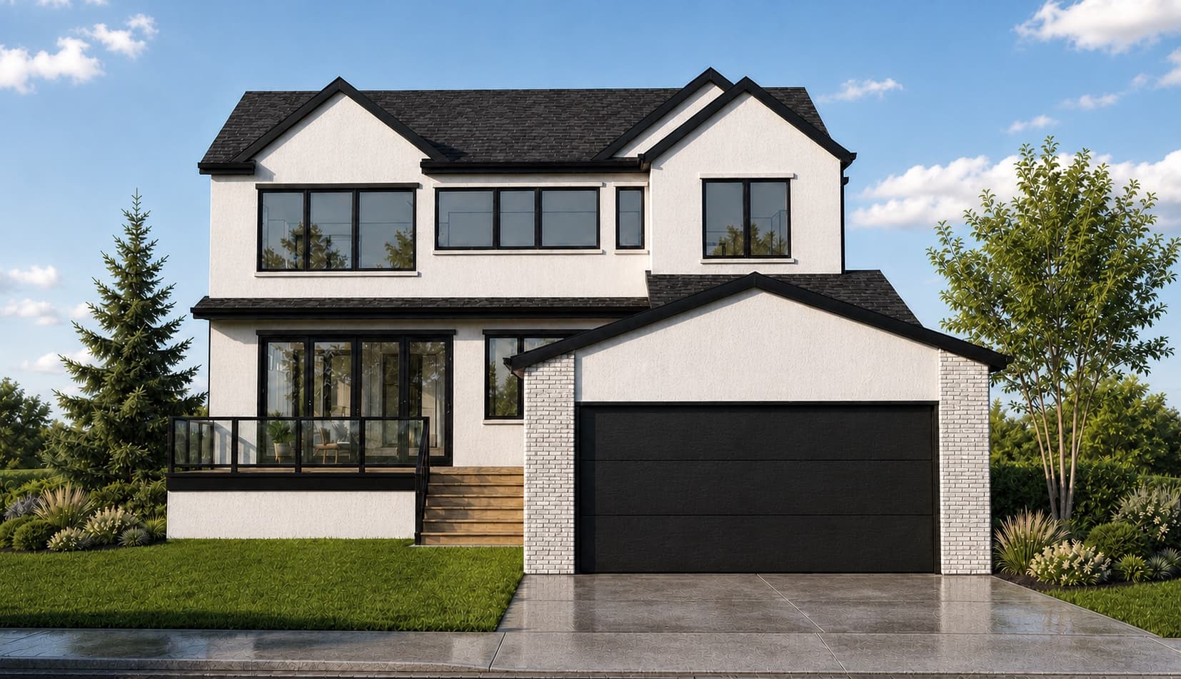 Rear exterior rendering of the Lakeview — Lloyd Crescent pre-sale and garage.