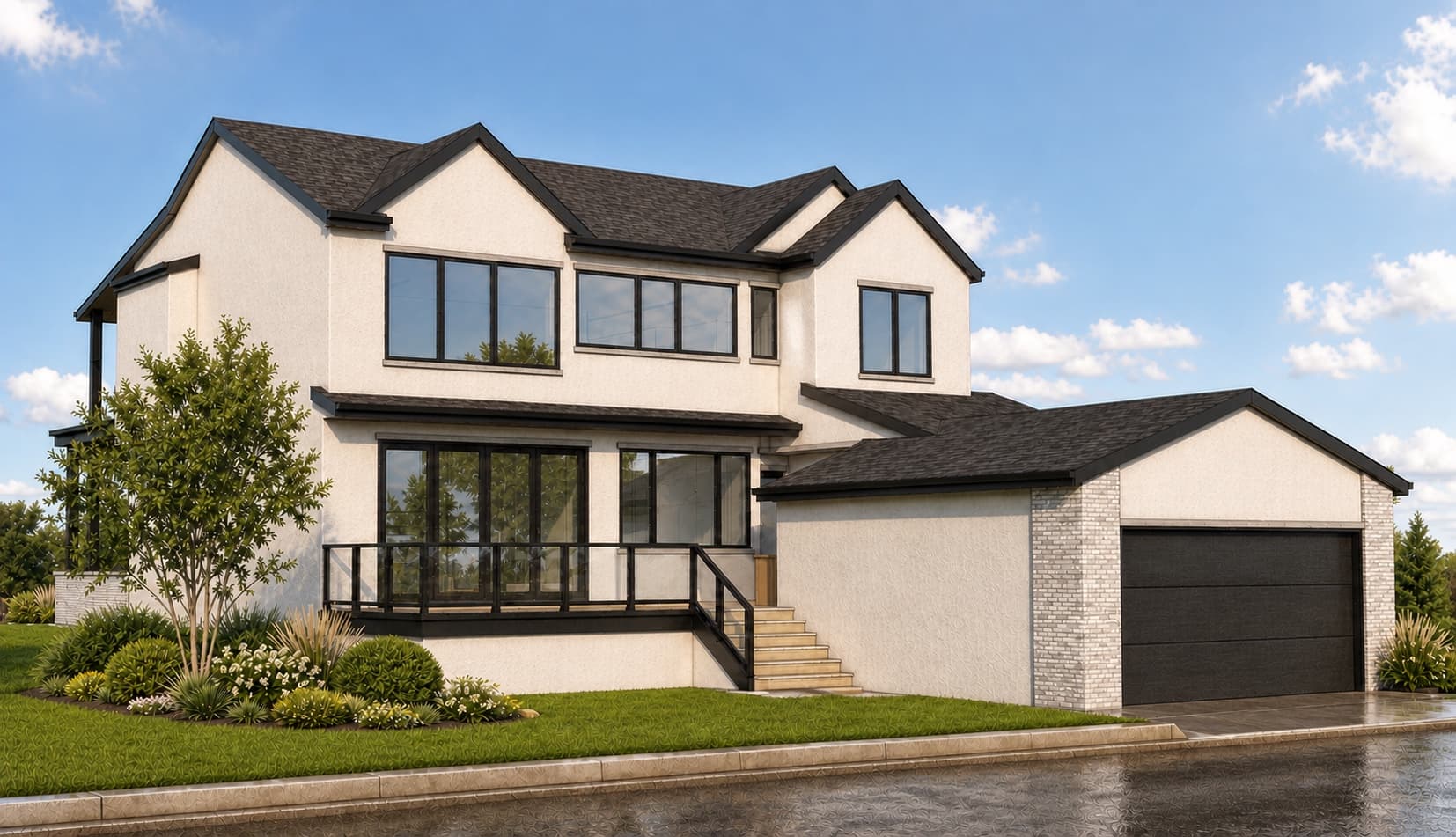 Rear-left exterior rendering of the Lakeview — Lloyd Crescent pre-sale.