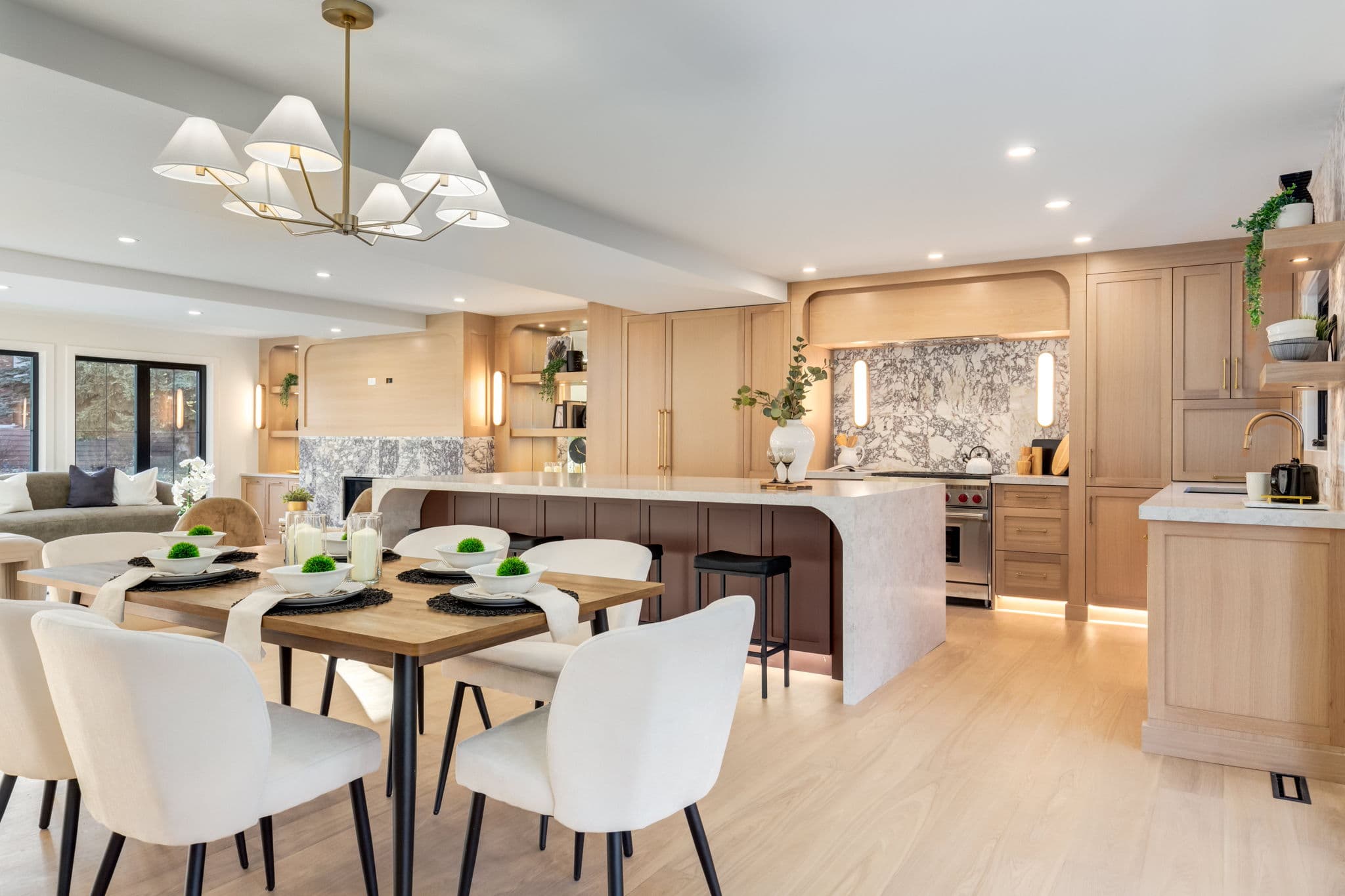 Renovated kitchen and living area in a Varsity whole-home renovation by Platinum Build Homes.