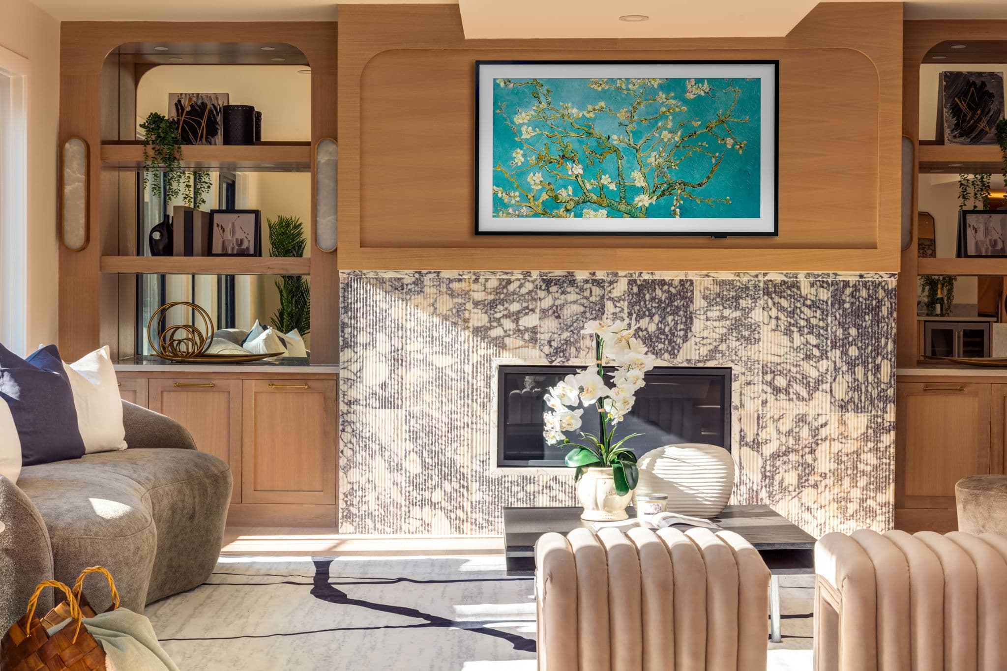 Fireplace and custom millwork detail in the Varsity 1 project by Platinum Build Homes in Varsity, Calgary.