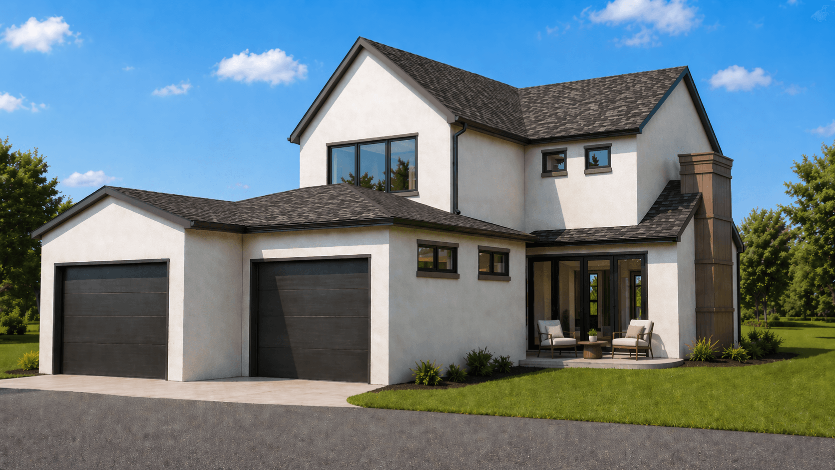 Rear exterior rendering of Lakeview 3, showing the triple garage and landscaped rear elevation.