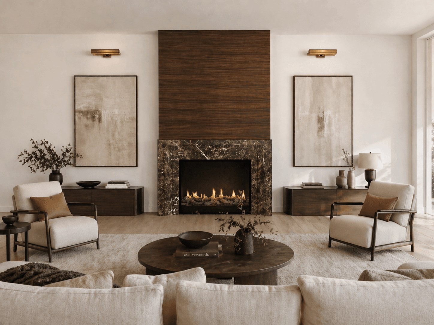 Great room rendering for Lakeview 3, showing walnut millwork and a refined interior palette.