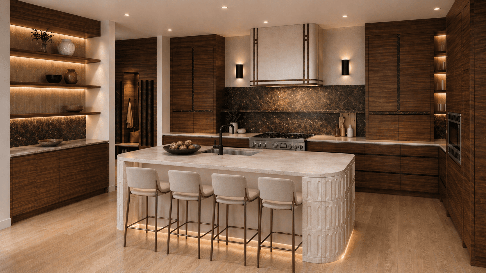 Kitchen rendering for Lakeview 3, showing walnut millwork, Emperador marble, and a refined pre-sale interior package.