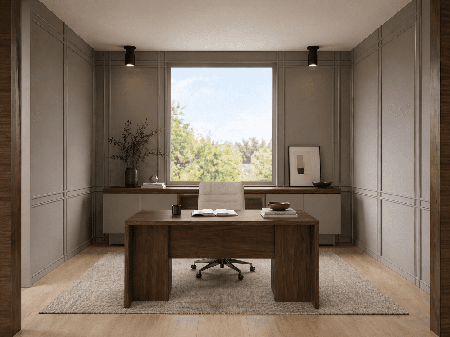 Office rendering for Lakeview 3, showing warm walnut millwork and a calm pre-sale interior palette.