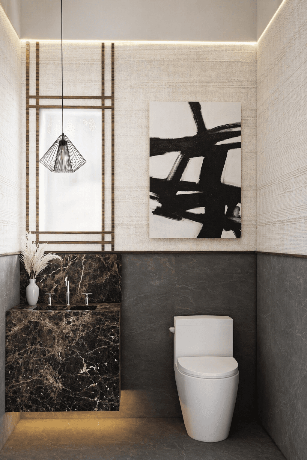 Powder room rendering for Lakeview 3, showing dark stone, wallcovering, and a refined pre-sale interior package.
