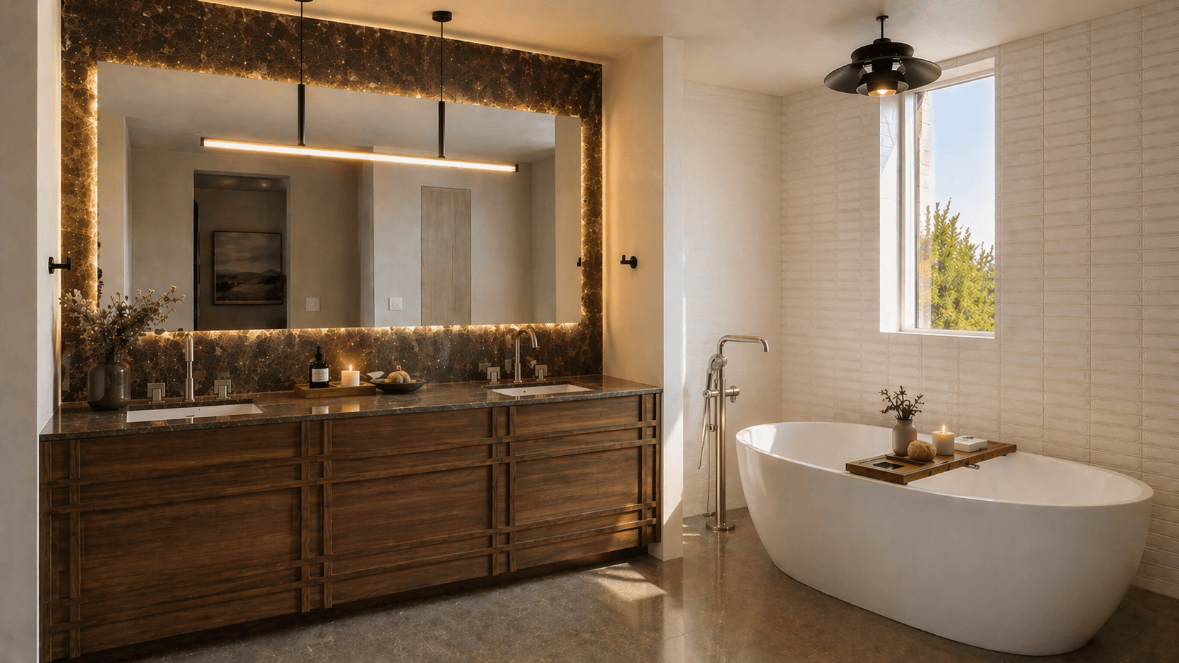 Primary bathroom rendering for Lakeview 3, showing walnut vanity millwork and Emperador marble accents.