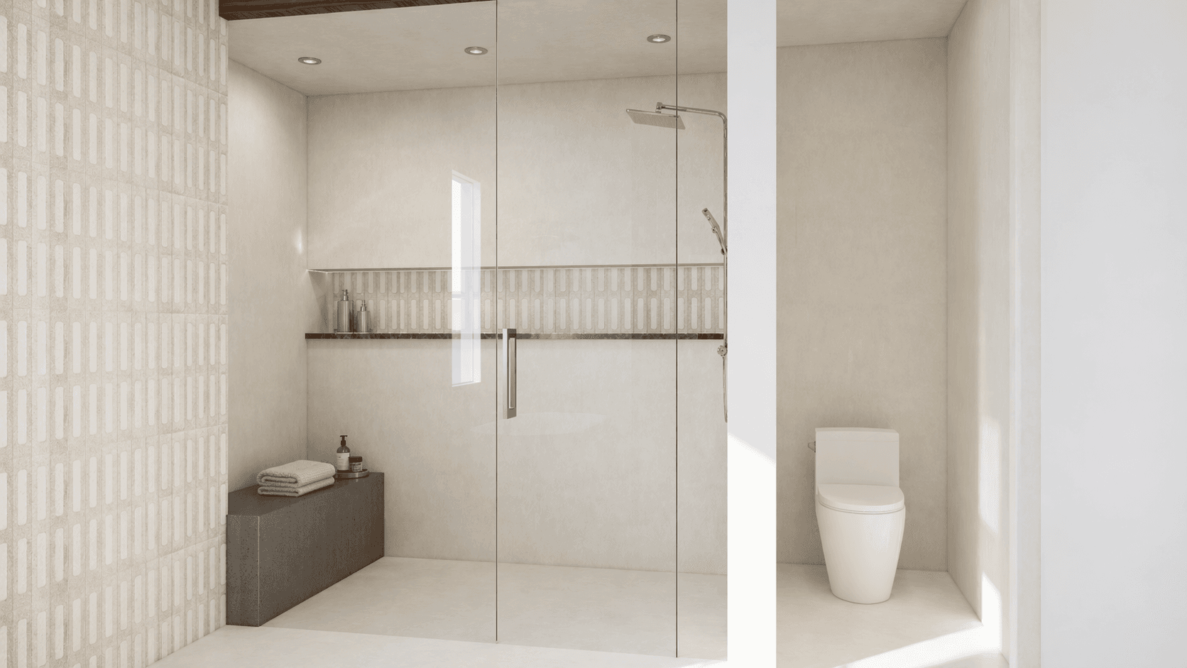 Shower rendering for Lakeview 3, showing a glass shower enclosure and refined tile detailing.